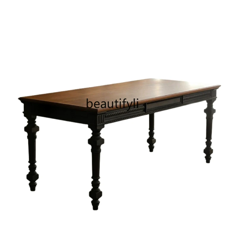 

Retro Nanyang Desk Household Solid Wood Dining Table and Chair Rectangular Mid-Ancient Carved Dining Table