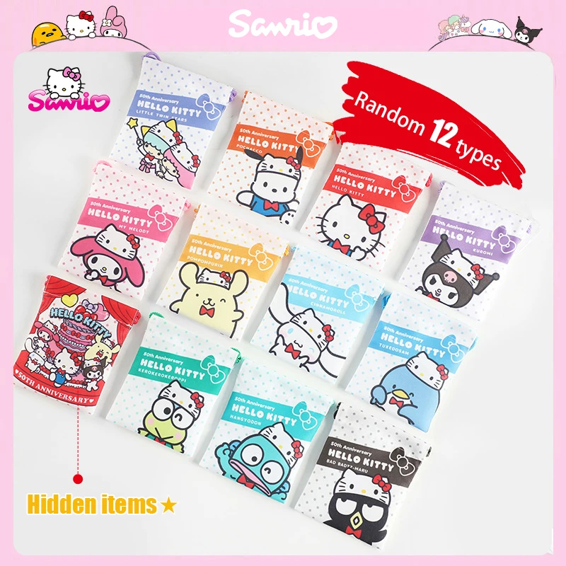 Sanrio-Bolsa de almacenamiento con cordón para el 50 ° aniversario de Hello Kitty, caja ciega, Anime, Cinnamoroll, Kuromi, monedero, bolsa de tela para maquillaje
