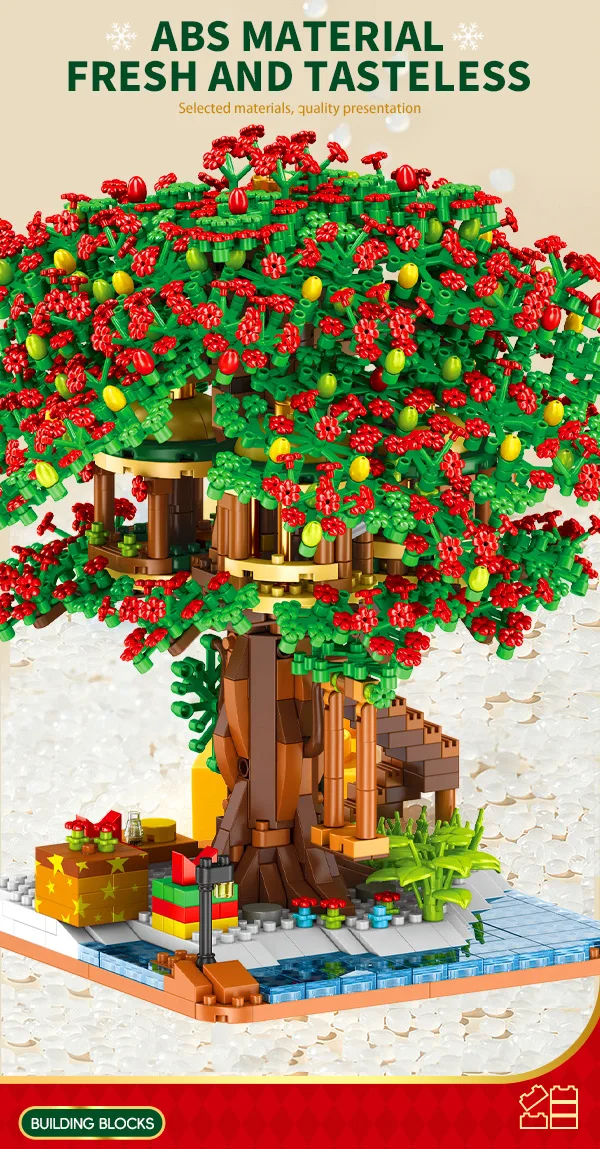 Baumhaus-Baustein-Set, Regenbogen-Sakura, Weihnachten, rote Kirschblüten, 3D-Modell, Mini-Bausteine, Figuren, Spielzeug für die Heimdekoration – Detail 7