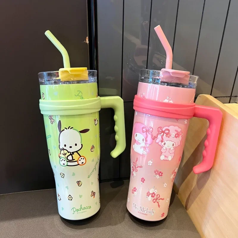 New Sanrioed Large-capacity Insulated Cup Hello Kitty Kuromi Children's Male and Female Student Straw Cup Stainless Steel