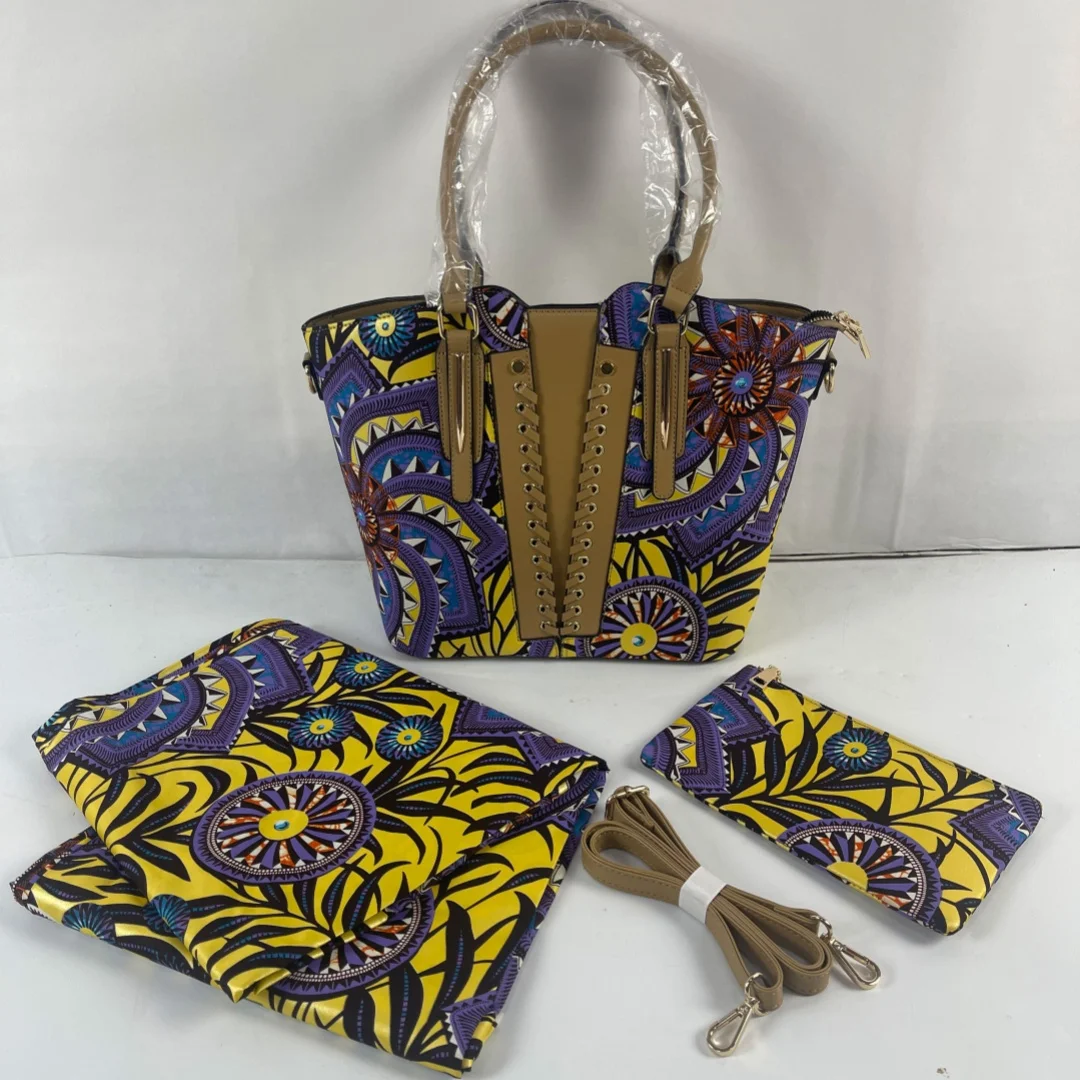 2024 New Style Ankara African Wax Fabrics Nigerian Wax Print High Quality Golded Wax with Handbag 3Pcs for wedding Y6