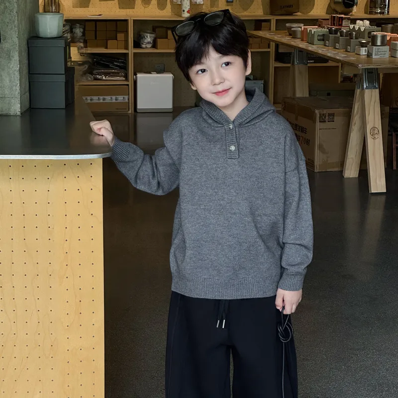2025 Boys Autumn Winter Hood Half Cardigan Baby Knitt Sweater Thick Warm Base Layer Children Bottom 2-12 Years Pullover Outfit