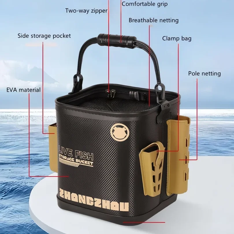 EVA Fishing Bucket Foldable Live Fish Transport Box With Net Rope For Outdoor Camping Water Storage Bait Barrel Keeping Fresh
