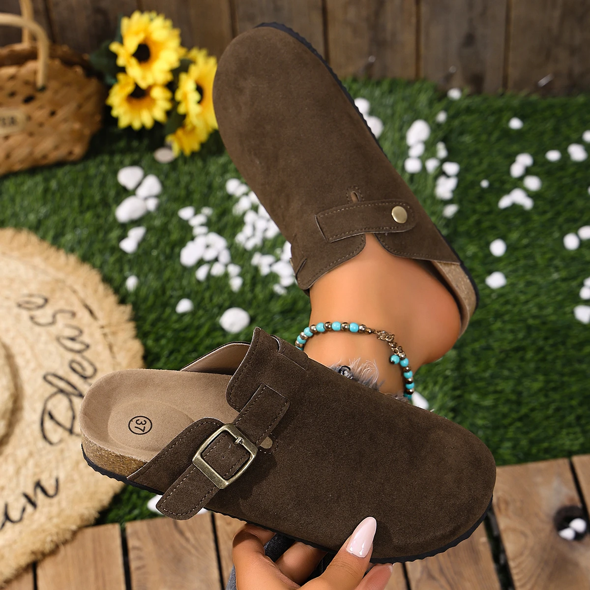 Korkfußbett-Clogs für Damen und Herren, modische Leder-Mules, bequeme Potato-Schuhe mit Fußgewölbestütze, flache Slides für drinnen und draußen – Detail 15
