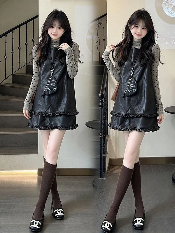 Elegant Long Sleeve Printed Top And Skirt Set Women's Fashion Korean Style Two Piece Suit Autumn Collection Polyester Fiber