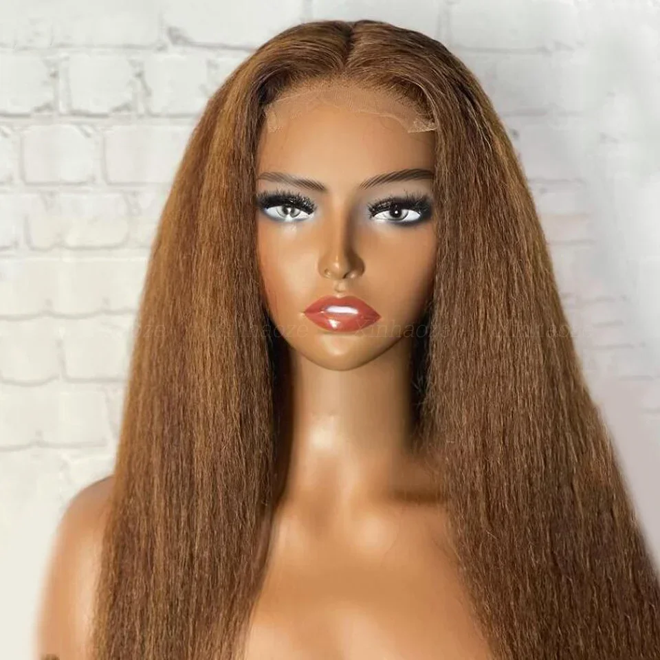 

Long Yaki Soft 180Density 26" Ginger Brown Kinky Straight Lace Front Wig For Women BabyHair Heat Resistant Glueless Preplucked