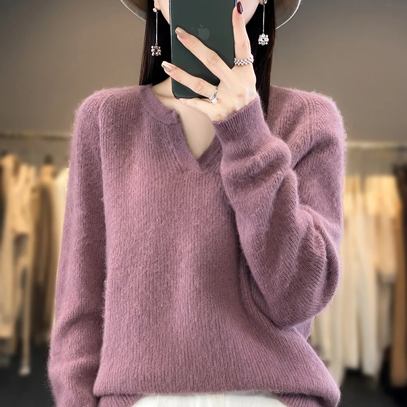 Spring summer new V-neck 100% mink cashmere sweater women's knitted pullover fashionable solid color long sleeved T-shirt top