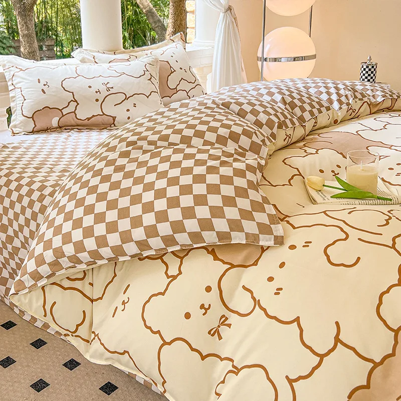 3/4Pcs Bedding Set Full Sheet Pillowcase Printed Bed Bedroom Linens Four-Season Comforter Sets Size Kawaii Flat Sheet