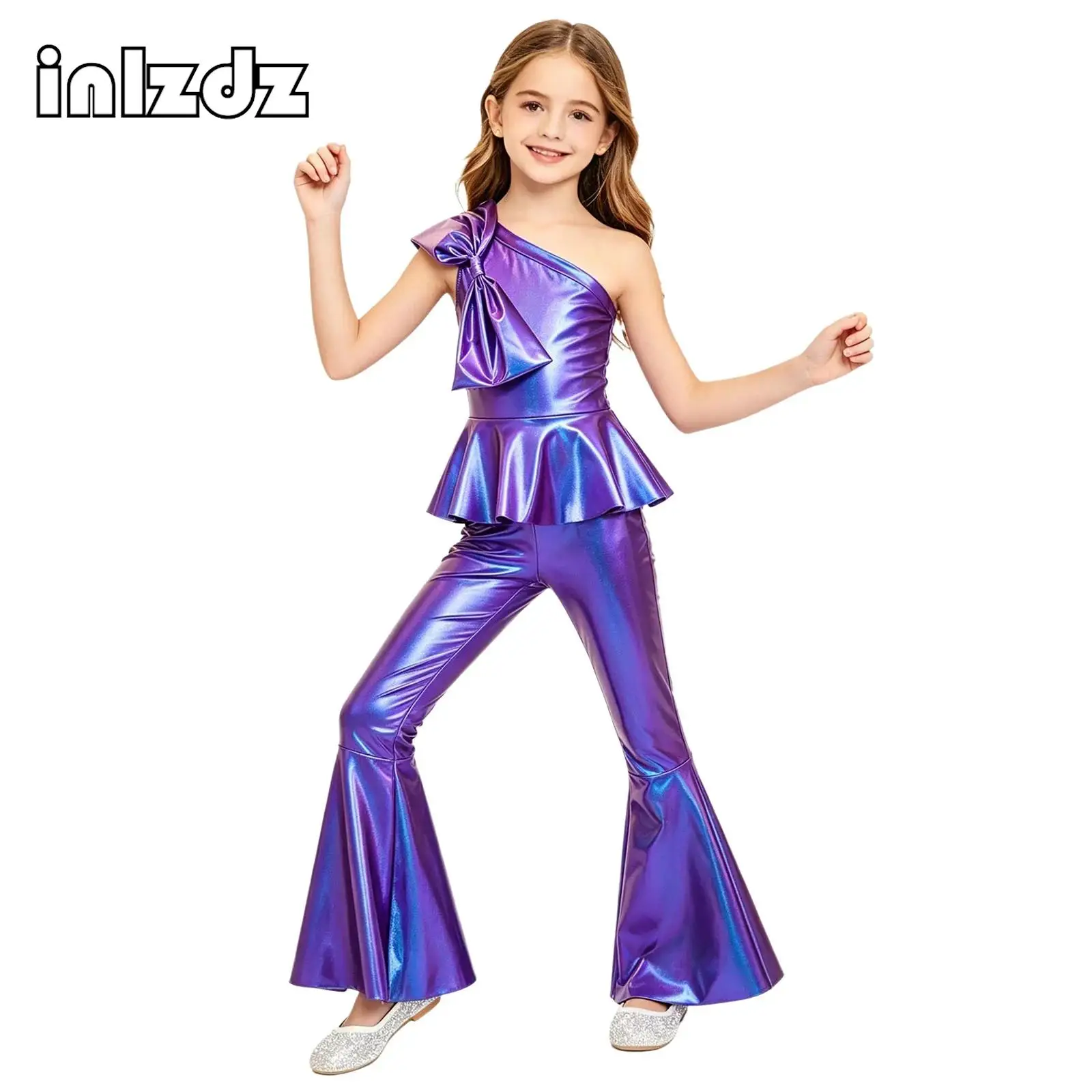 

Shiny Metallic Disco Hippie Costume 70s Jumpsuit Latin Jazz Ballroom Dance Stage Flare Pants Bell Bottom Romper Full Bodysuit