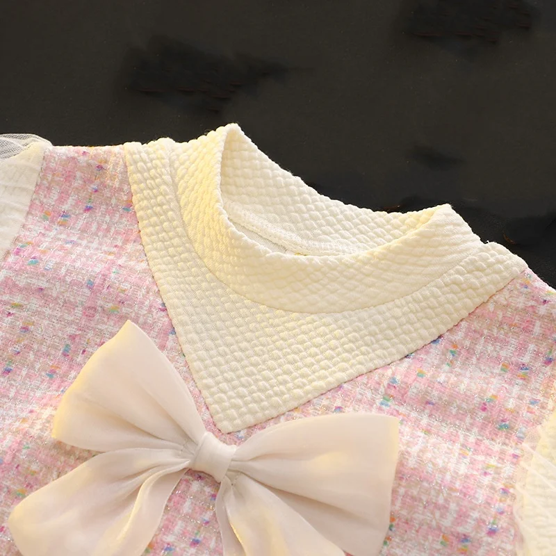 1-5Y New Spring Autumn Dresses For Baby Girls  Cute Bow Mesh Plaid Long Sleeve Princess Dress