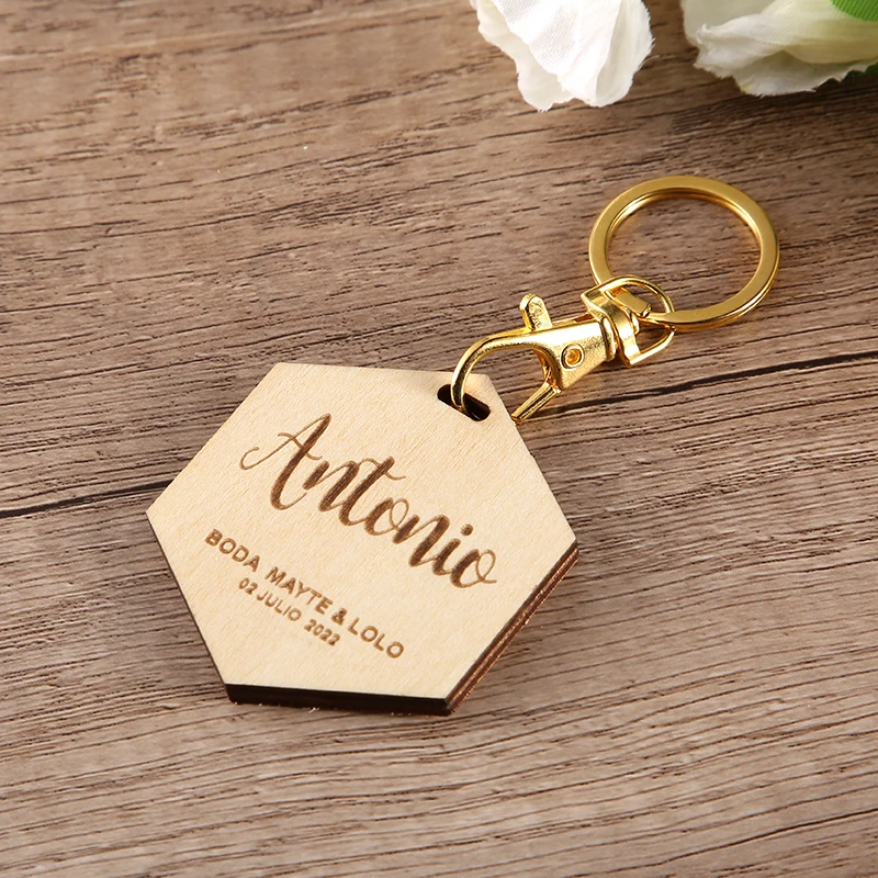 Personalized Engraved Hexagon Wood Key Chain, Wedding Names, Custom Gifts for Wedding Gift, Valentines or Birthday Gift