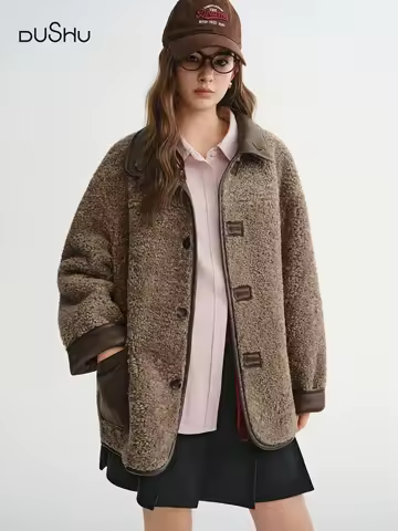 DUSHU Plus Size Brown Fur Jacket Stright Design Loose Fit Warm Reversible Vintage American Style 2025 Winter New Style Leisure