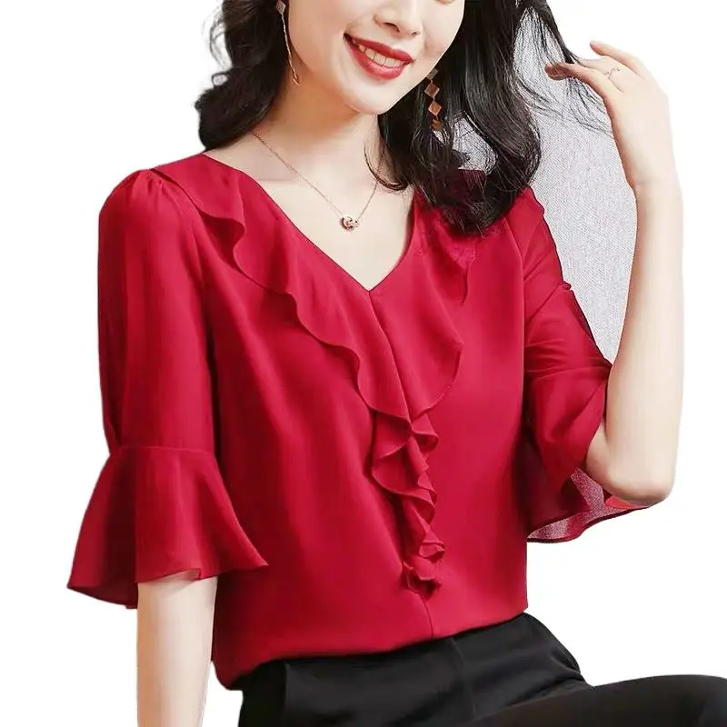 

Elegant Lotus leaf collar OL style Asymmetric chiffon shirt Summer office lady flare sleeve Blusas Femininas