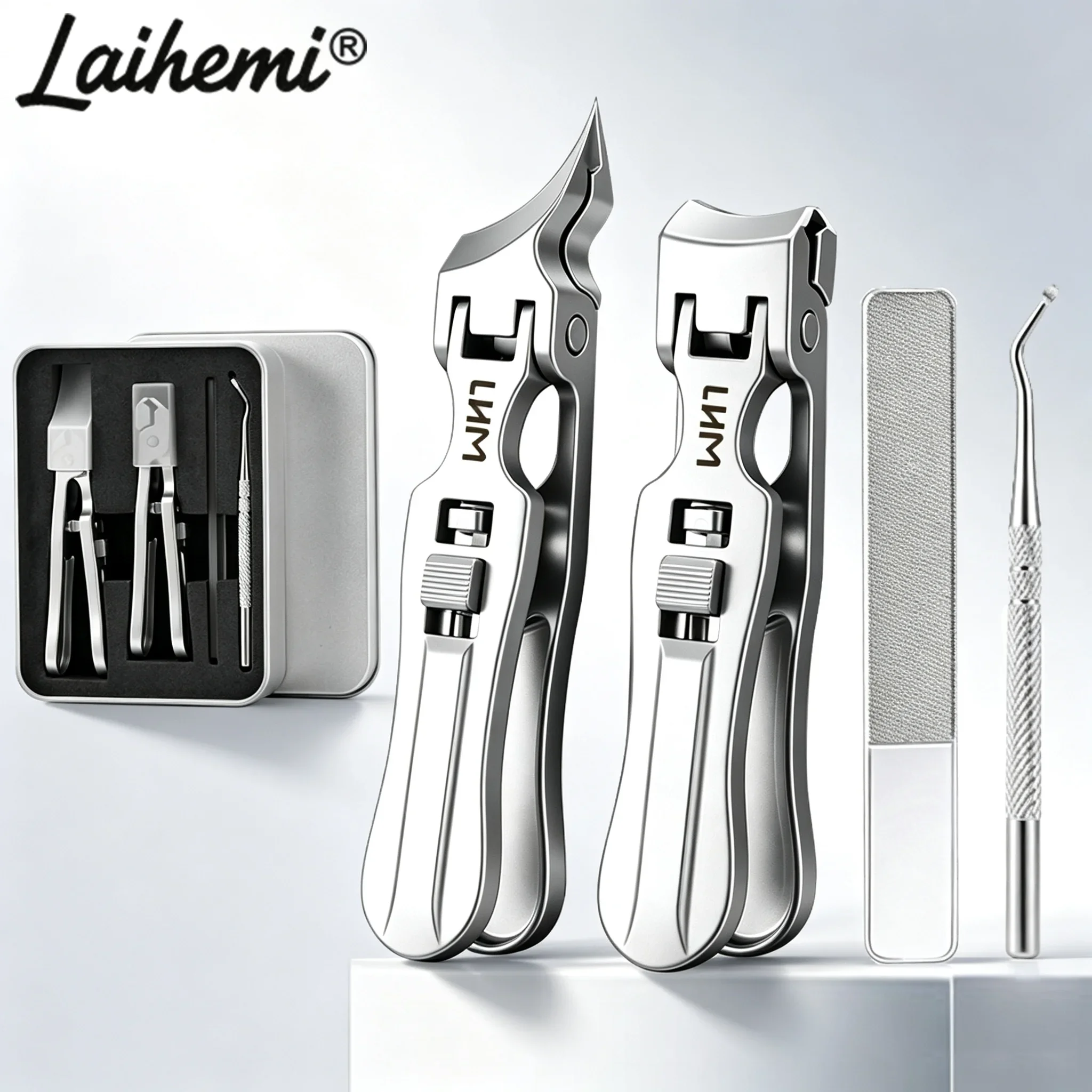 Wide Jaw Nail Clipper Kit, Stainless Steel Angled & Flat Toenail Cutters with File for Thick Ingrown Hard Nails