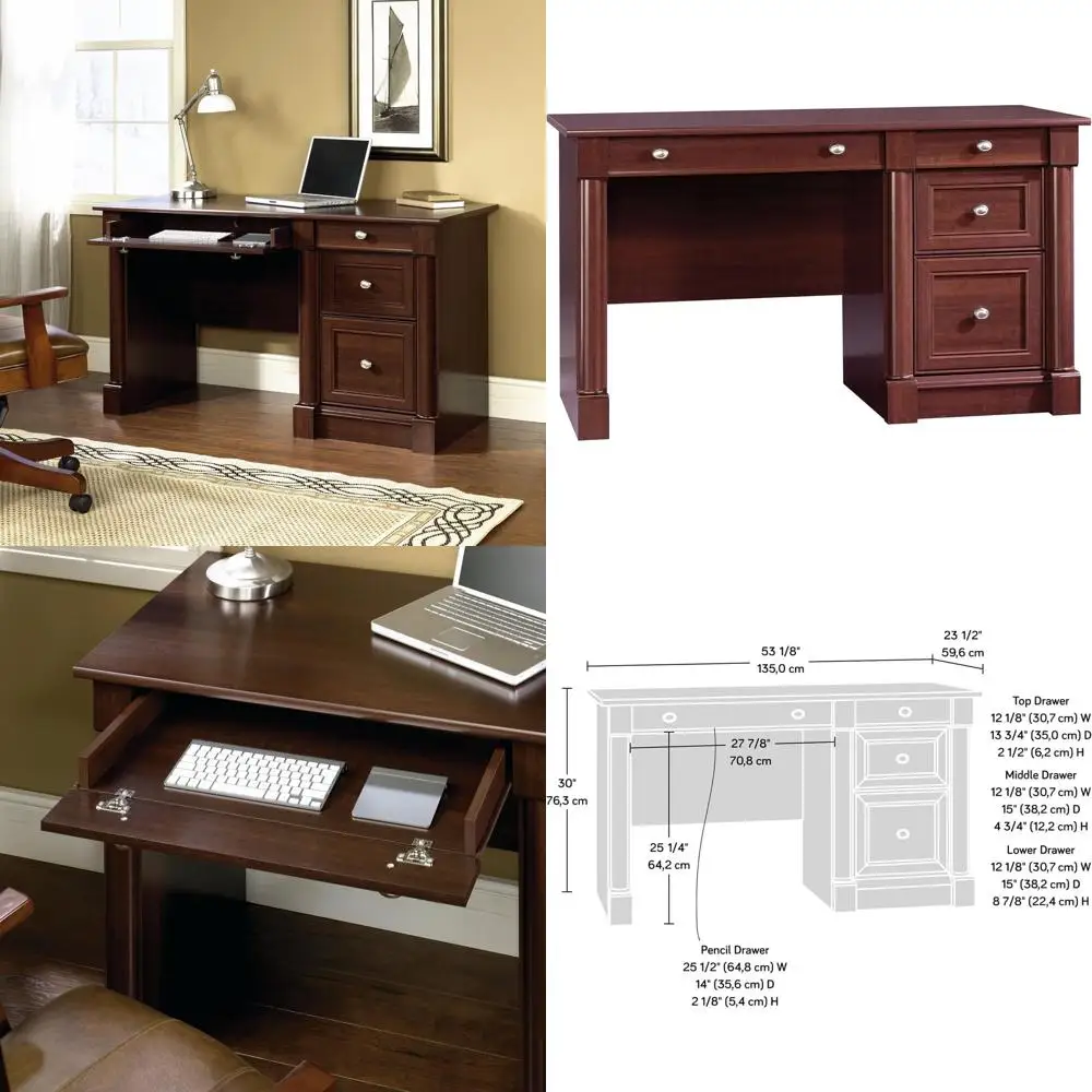 

Письменный стол для домашнего офиса с отделкой под вишню, с ящиками, тумбой для документов, системой для организации кабелей и выдвижной полкой для клавиатуры