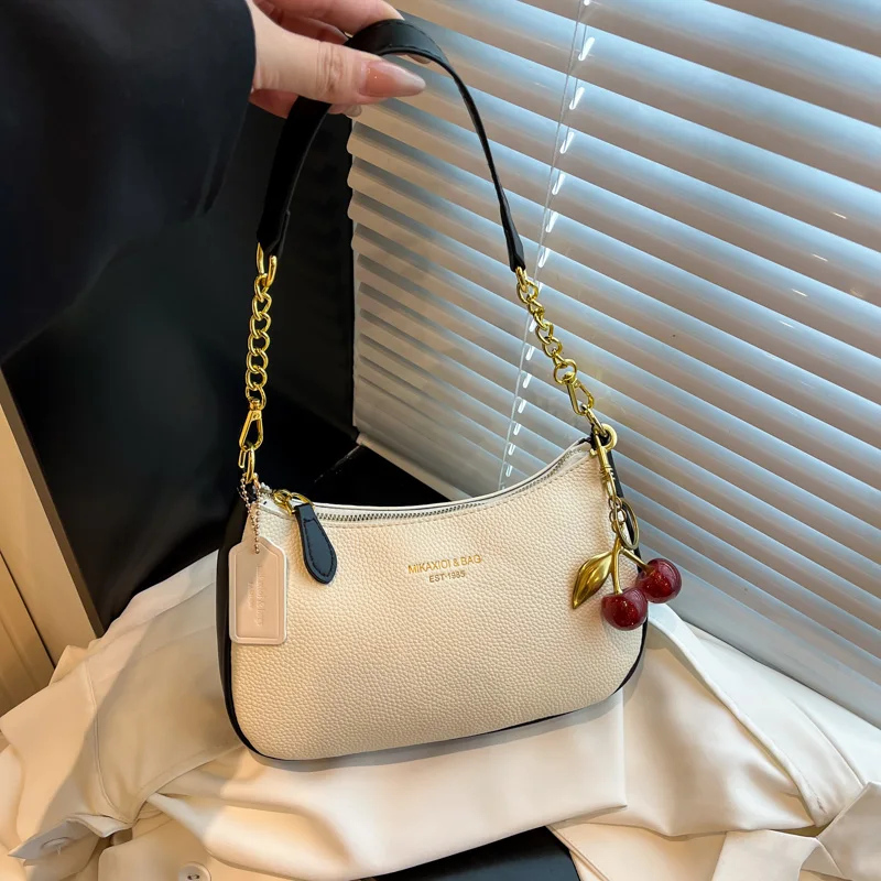 Ladies Trendy Textured PU Underarm Bag Cherry Decor Chain Crossbody Handbag Adjustable Strap Fashion Daily Small Shoulder Purse
