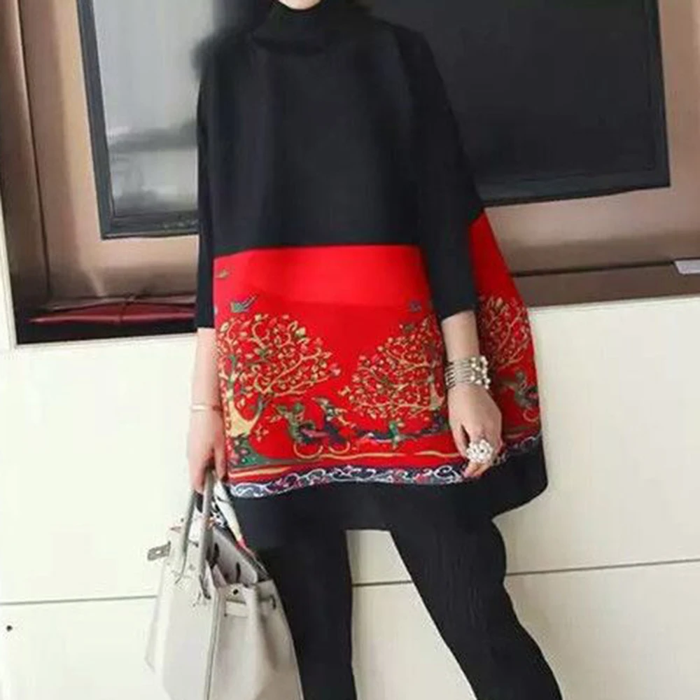 2025年春新作 カラーマッチングプリント 大きめサイズ プリーツTシャツ レディースファッション レトロ ゆったり ミディアム丈トップス