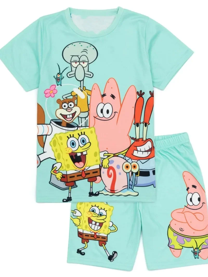 Who Knows! Classic Anime Summer SpongeBob SquarePants Adult and Children T-shirt Shorts Set Cute Casual Family Cartoon Y2K