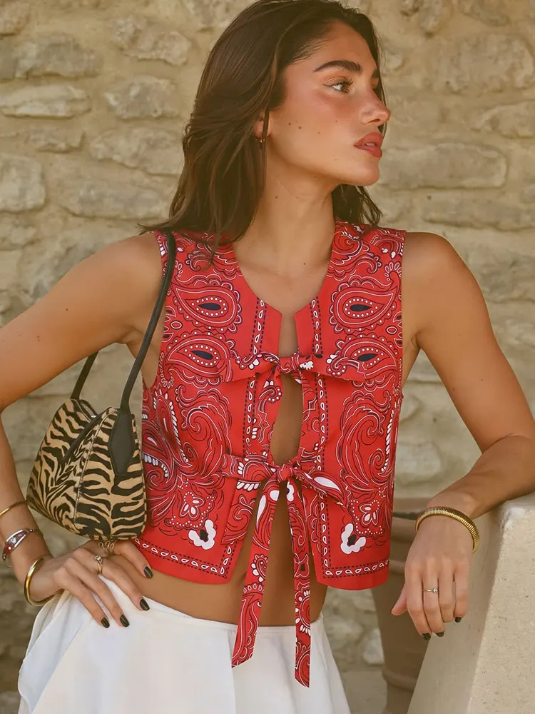 

HH Women Fashion Paisley Print Vest Front Bow Lace Up O Neck National Style Vests Sleeveless Waistcoat Vintage Red Tank Tops