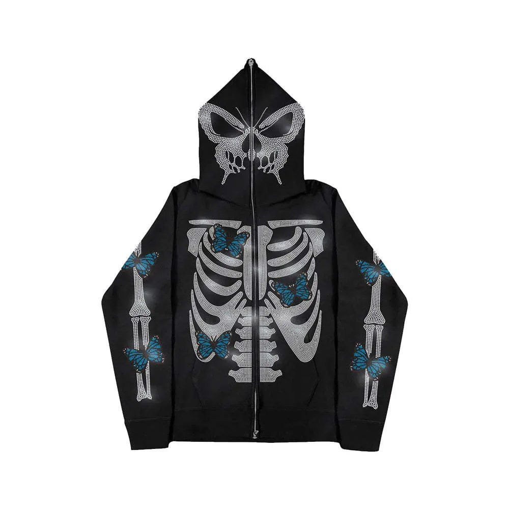 Y2K Herren Hoodie Halloween Totenkopf Kleidung Frühling und Herbst Gothic Strass Sweatshirt Hip Hop Grunge Großer Pullover Mantel