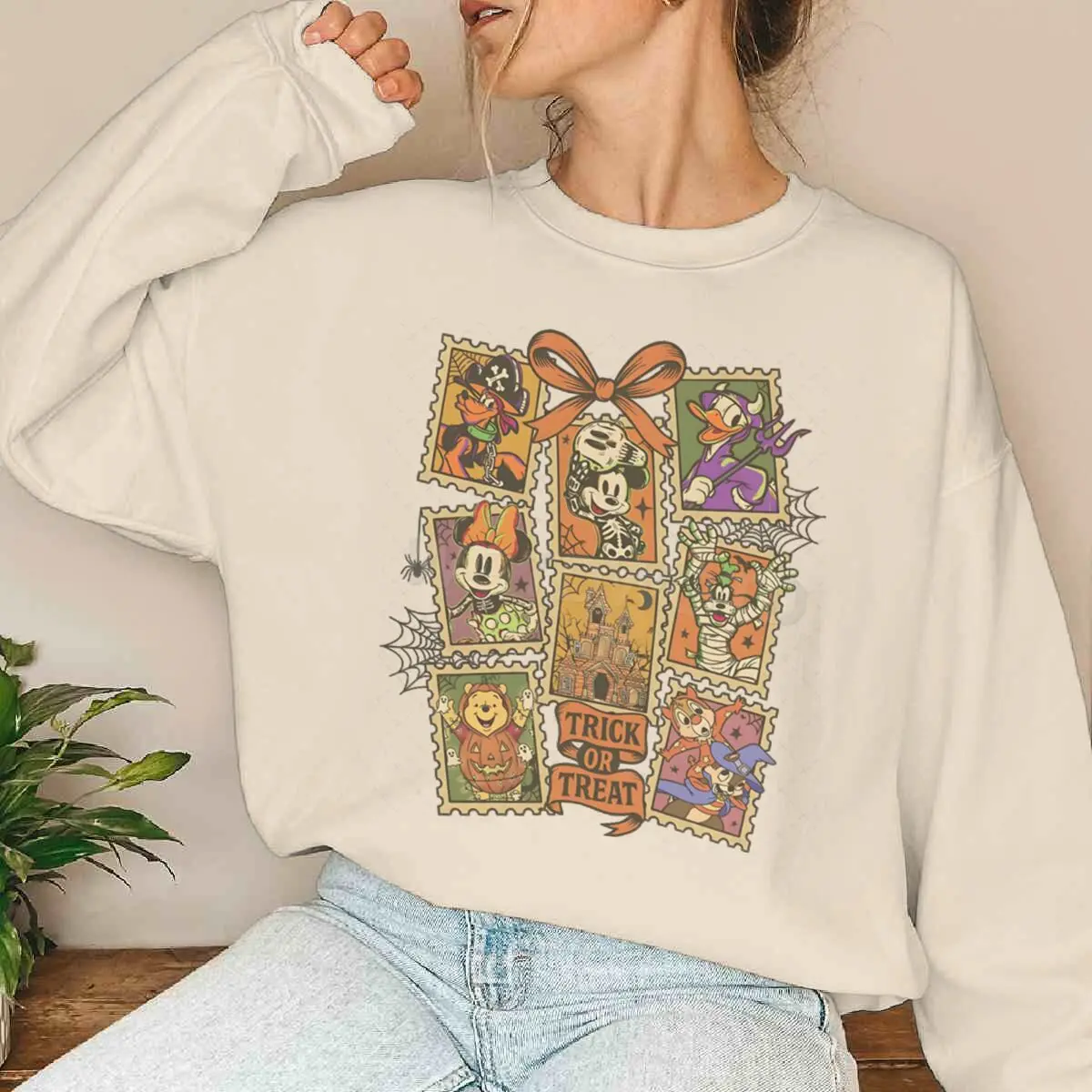 Sweat-shirt imprimé Halloween Disney Mickey & Friends pour femme, col rond, manches longues, surdimensionné, automne et hiver