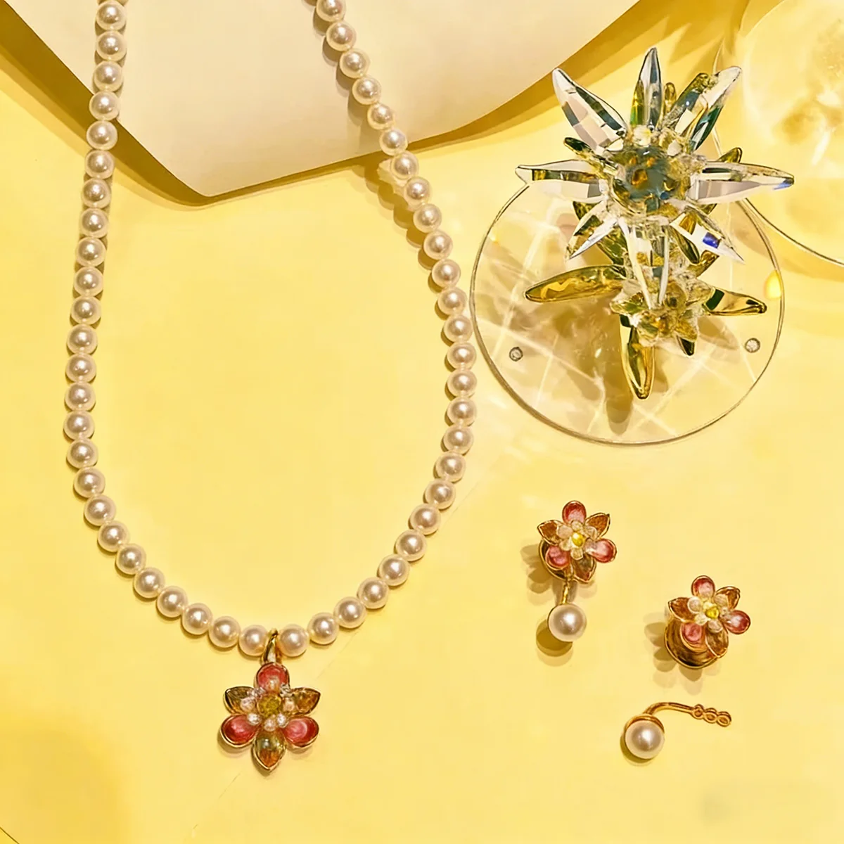 

2026 New Trend Fine Jewelry Set Charm Pink Cherry Blossom Crystal Fashion Pearl Necklace Bracelet Earring Romantic Gift forWomen