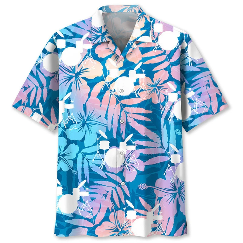 

Trendy Drums Pattern Hawaiian Shirt For Men 3d Printed Musical Instruments Graphics Short Sleeves Shirts Street Loose Y2k Blouse