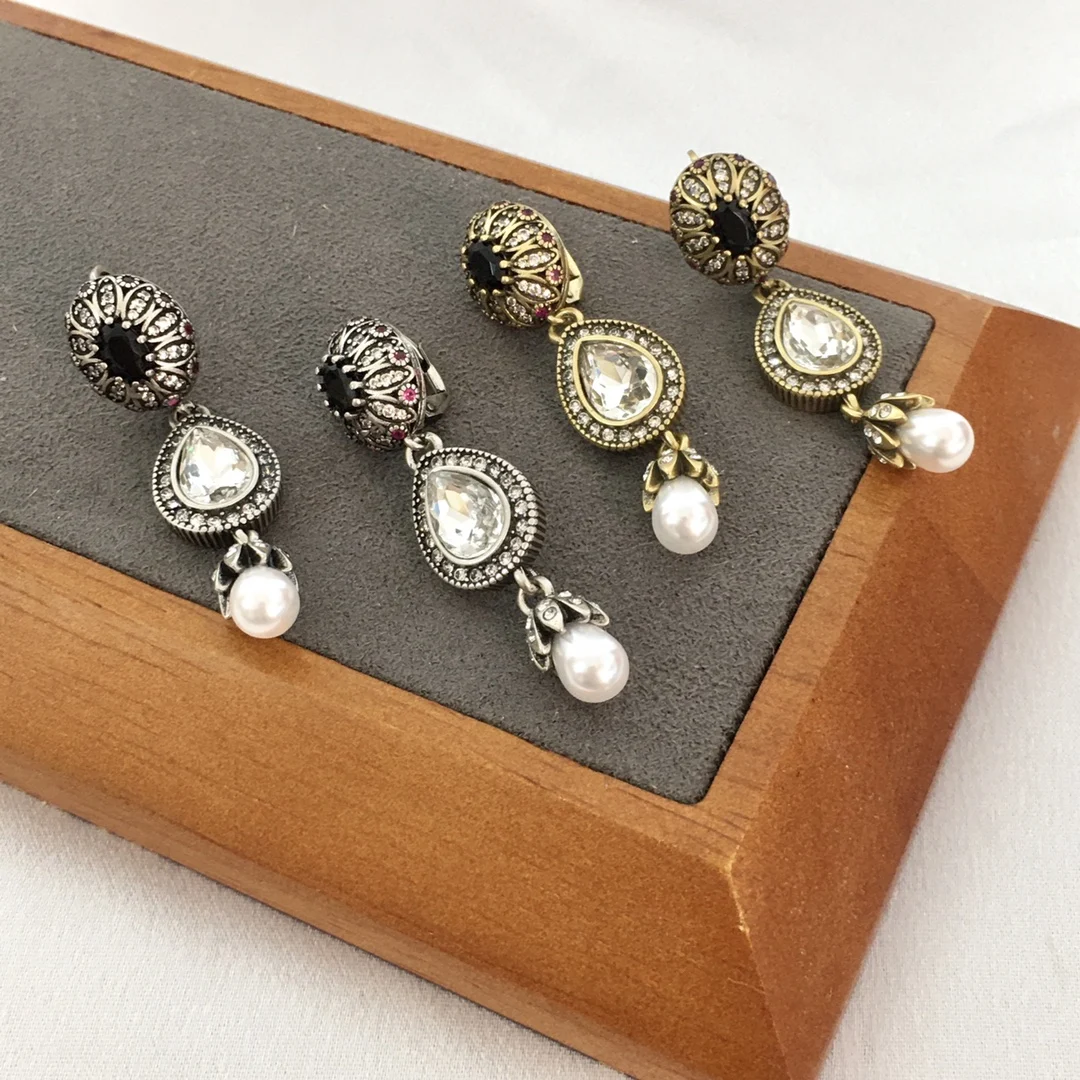 

Western style retro wind stone pearl drop tassel earrings