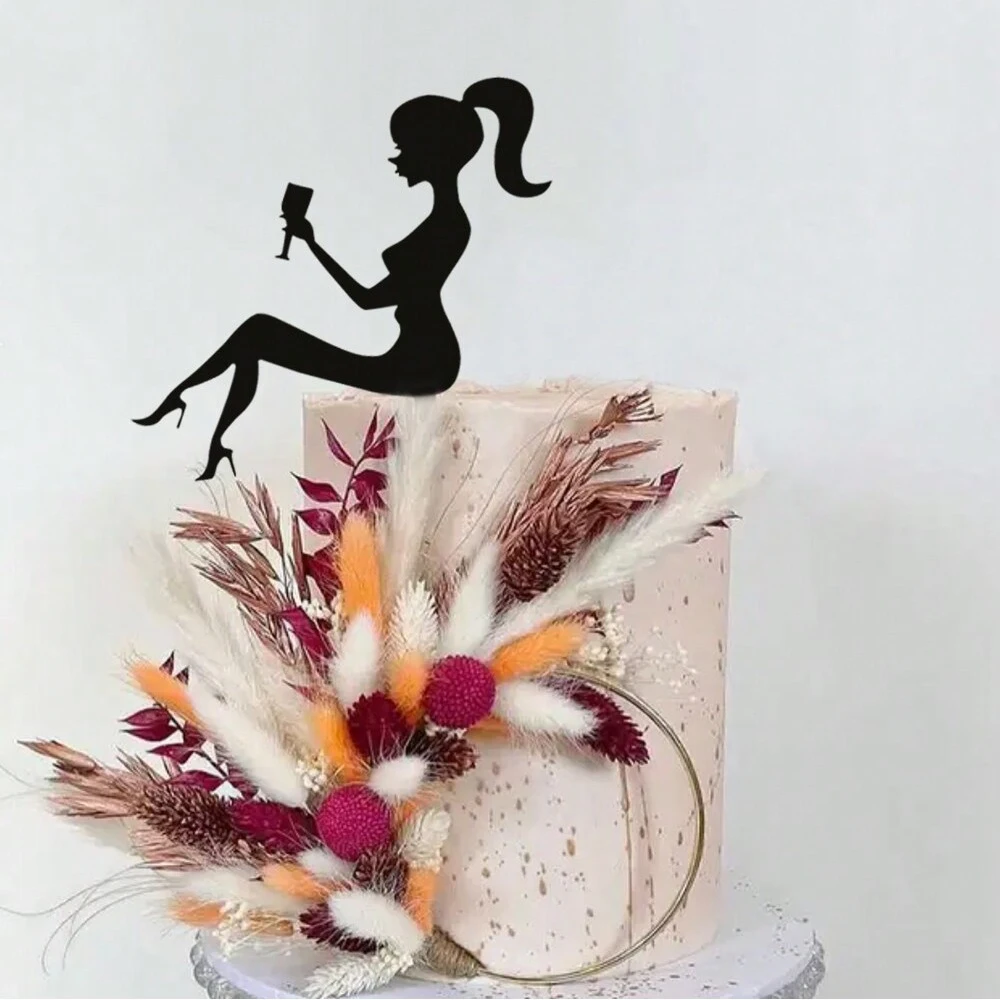 5pcs Ins Winebowl Girl Happy Birthday Cake Topper Gold Acrylic Cupcake Topper for Wedding Party Cake Decoration
