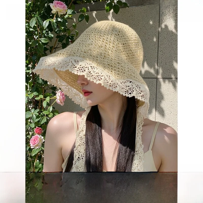 viney-women's-fashionable-summer-hat-wide-brim-sun-protection-lace-trim-straw-sun-hat-casual-style-round-top-cap-for-travel