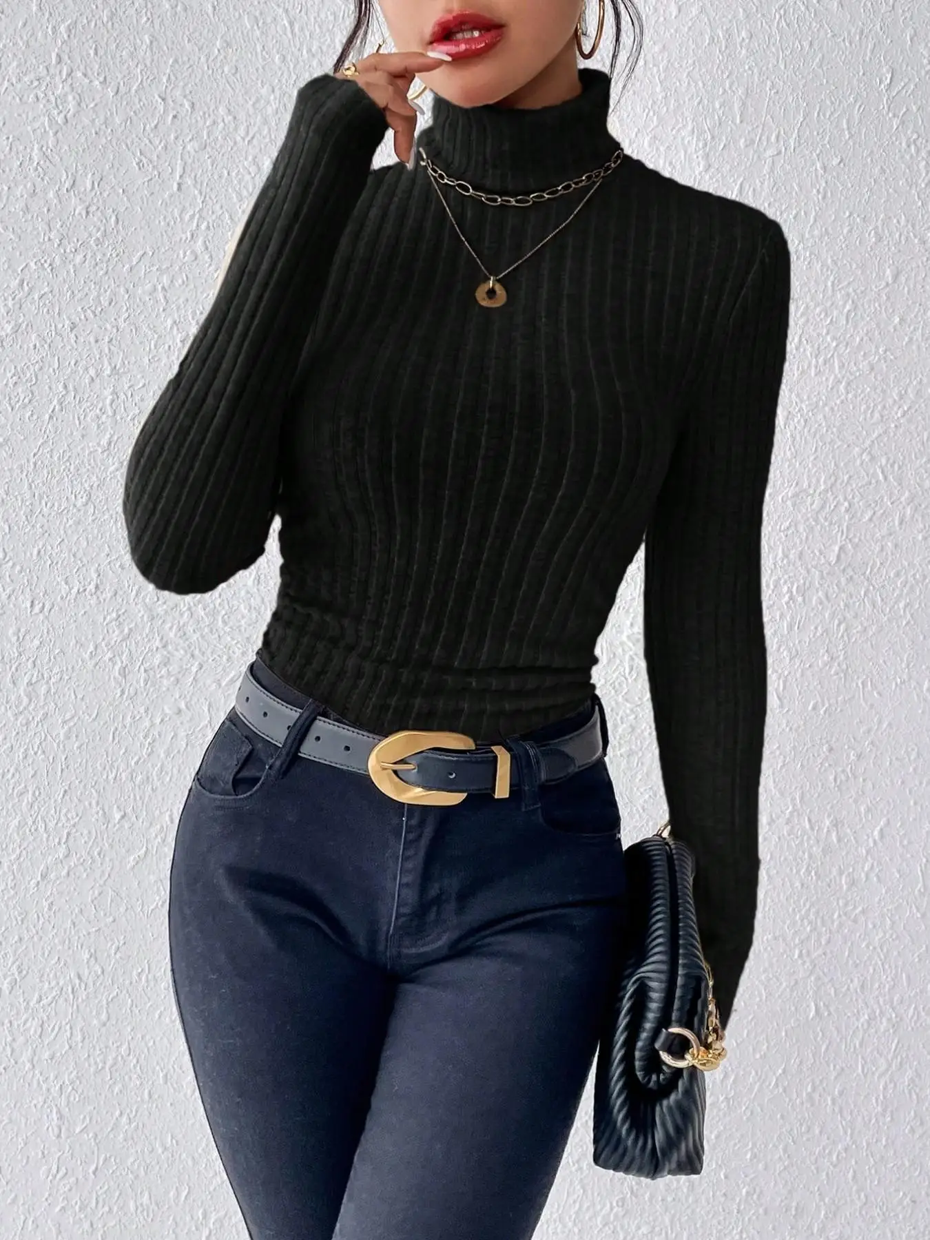 Women Turtleneck Ribbed Long Sleeve Slim Fit Basic Top Y2K Sexy Christmas Holiday Party Casual Fall Winter Base Layer Sweater