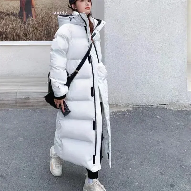 Women's Coat  Korean Casual Elegant Loose Hoodied  Mid-Length Zipper Down Padded Jacket Thick Long Winter Outwear Female Trend