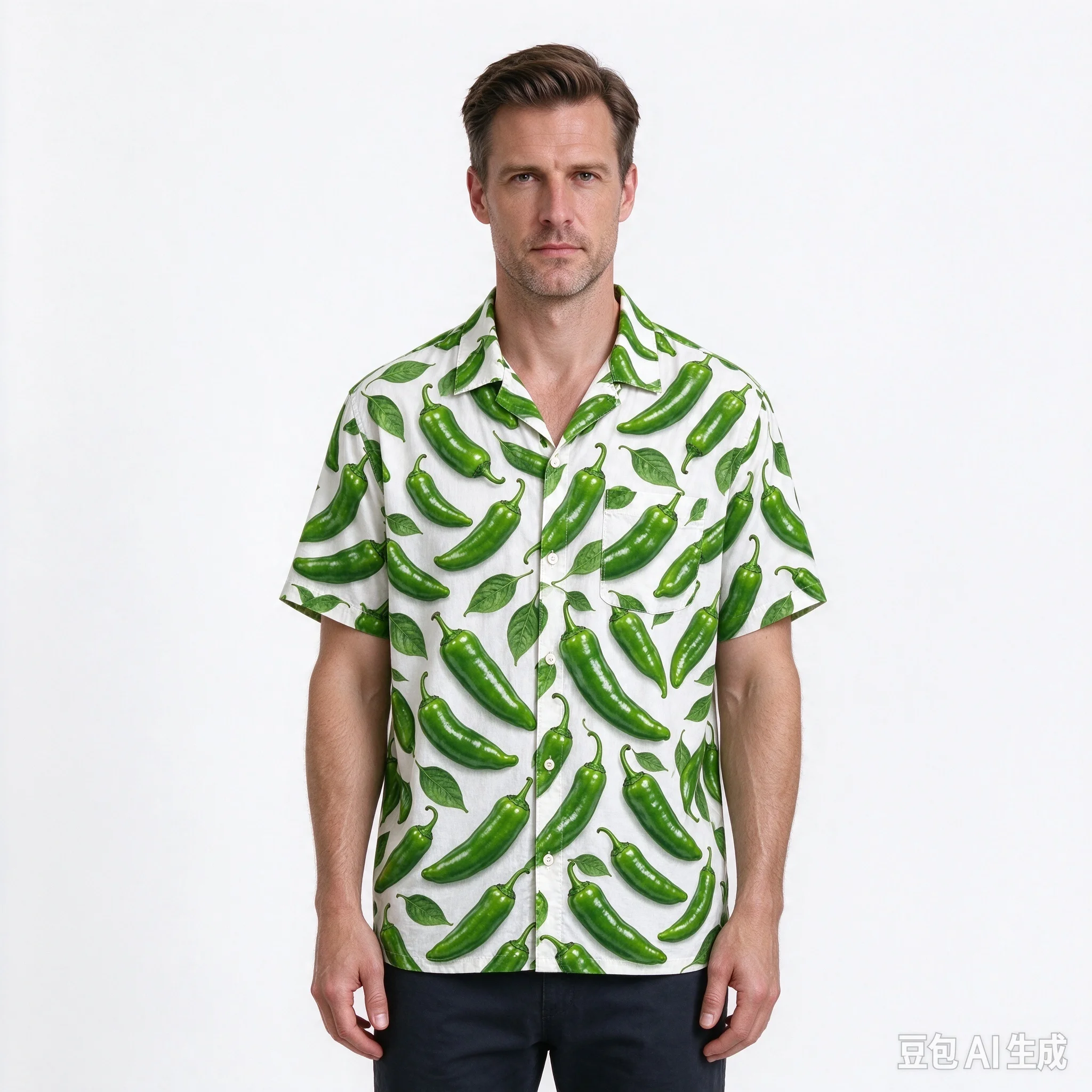 Unisex Green Pepper All Over Print Short Sleeve Shirt, Men Women Lapel Button Down Hawaiian Shirt, Summer Beach Vacation Loose