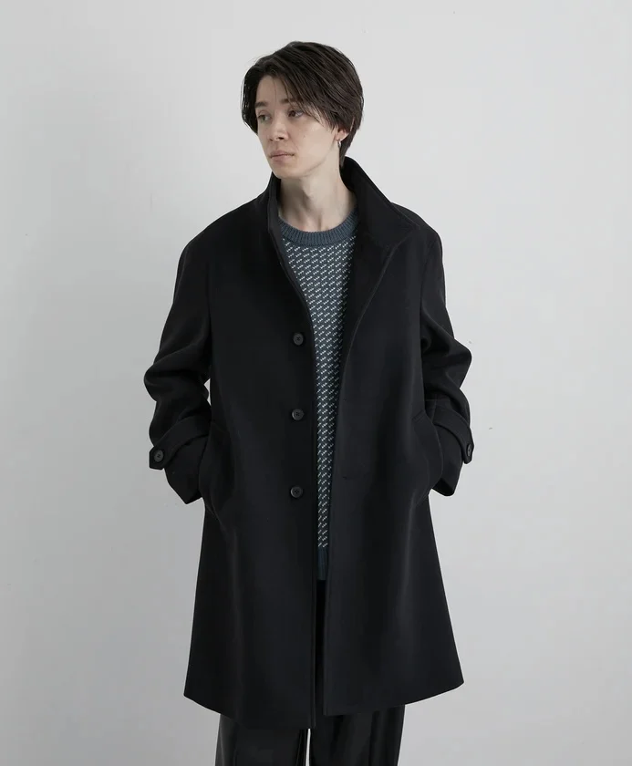 

Pure Jun Men's Mid-Length Woolen Coat with Double kets And Slit at Ba Bot Stand Collar Faion Urban Sle Autumn Coat