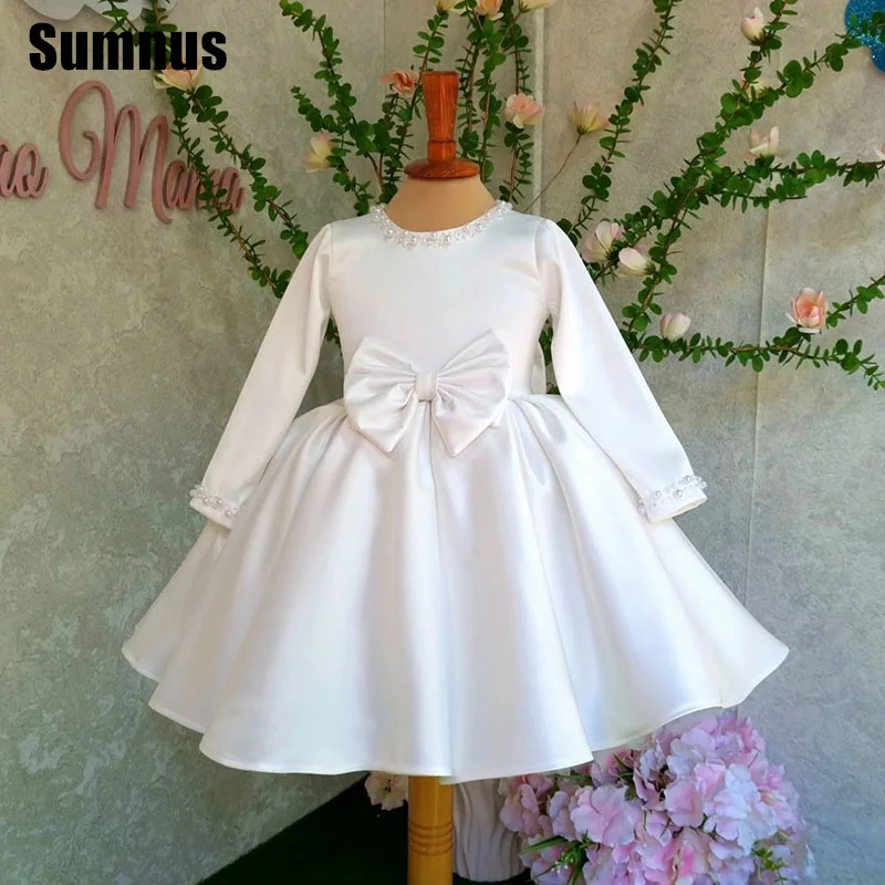 

SUMNUS White Satin A-Line Flower Girl Dresses Cute Bow Tiered O-Neck Knee-Length Long Sleeves Wedding Occasion Gowns Customized