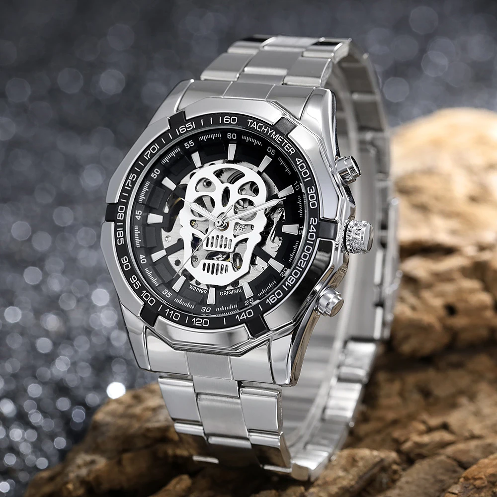 

ПОБЕДИТЕЛЬ Элитные бренды Нержавеющая сталь Скелет Механические мужские часы с черепом Часы с автоматическим механизмом Большой размер Водонепроницаемые военные часы