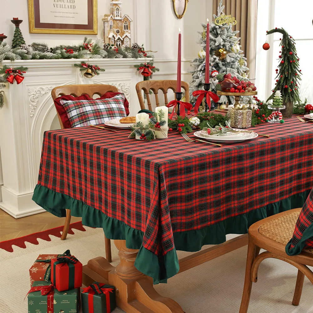 Holiday Tablecloth Red Green Plaid Checkered Design Soft Fabric Blend with Decorative Ruffle Edge 140x140cm 140x200cm