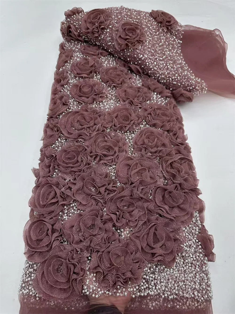 African 3D Flowers Fabric 5 Yards 2025 Sequins Beads Embroidered French Nigerian Lace Fabric