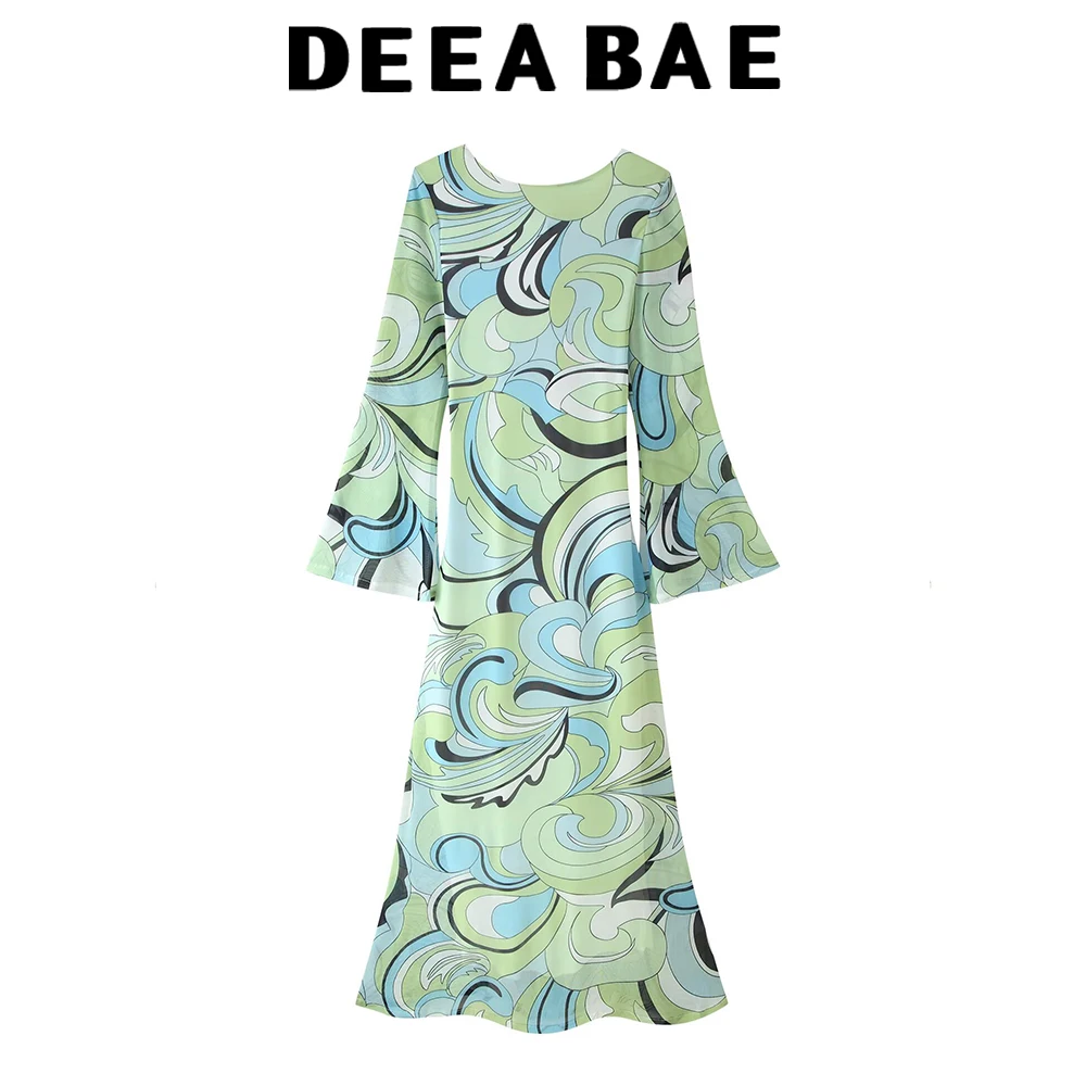 DEEABAE Horn sleeve mesh printed dress women's slim fit backless long dress fashionable and versatile dress