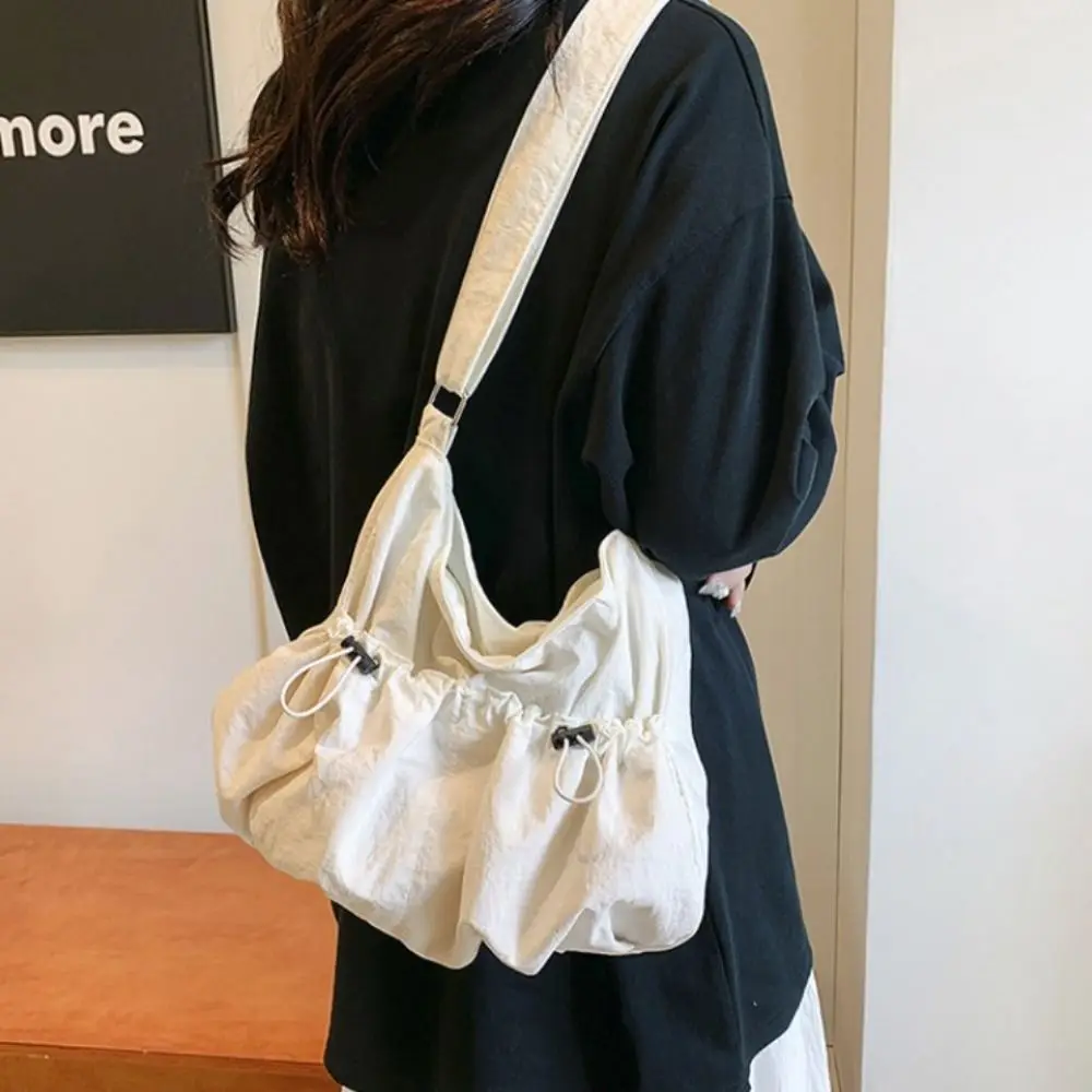 New Design Pleated Drawstring Bag Large Capacity Casual Nylon Lightweight Bag Folded Korean Style Crossbody Shoulder Bag Girls