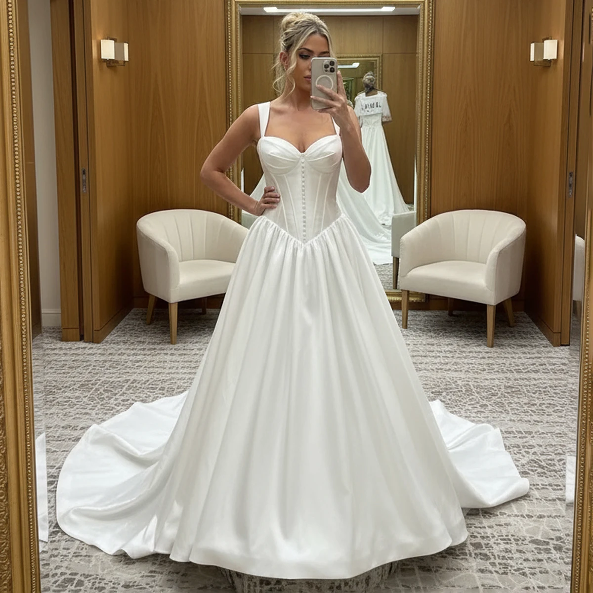 ビーチドレス ノビア Vネック プリーツ ウェディングドレス ロング サテン ボールガウン 花嫁用 ボタン Aライン パフスリーブ ブライダルパーティガウン 女性用