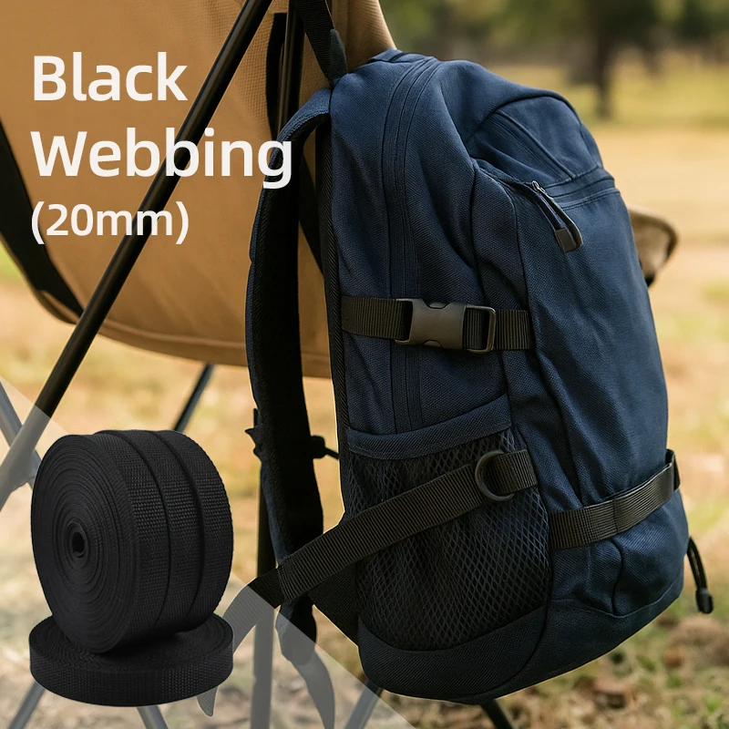 

1-10M 20mm Black Nylon Webbing By Meters 1.1mm Thick Luggage Belt Bias Binding Band Bags Webbings Strap Dog Collar Ribbon Tape