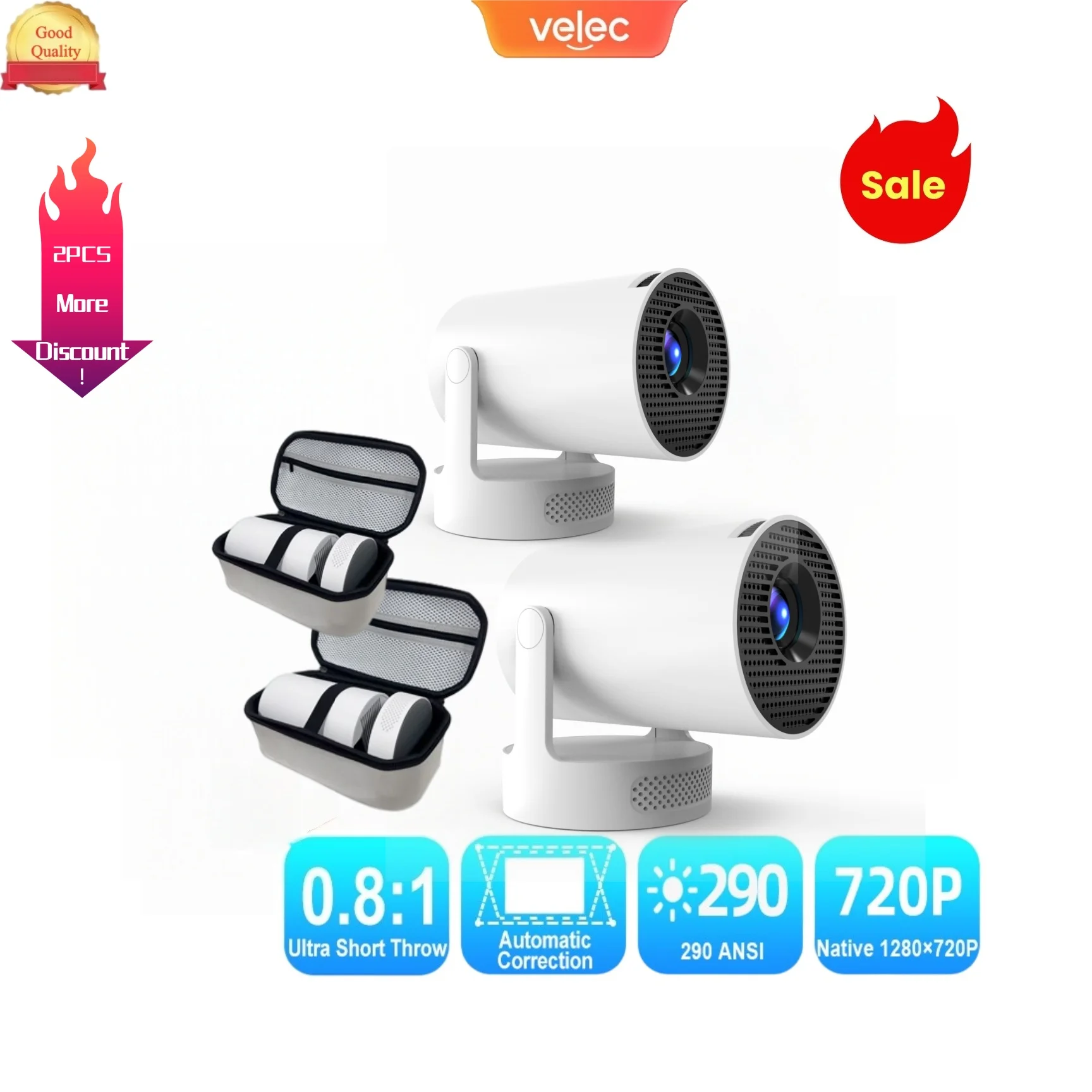 

2PCS Velec 290ANSI 4K Portable Projector with Speaker Electronic Focus Android11 Wifi6 BT5.4 Outdoor Theater Projector HY300 Ult