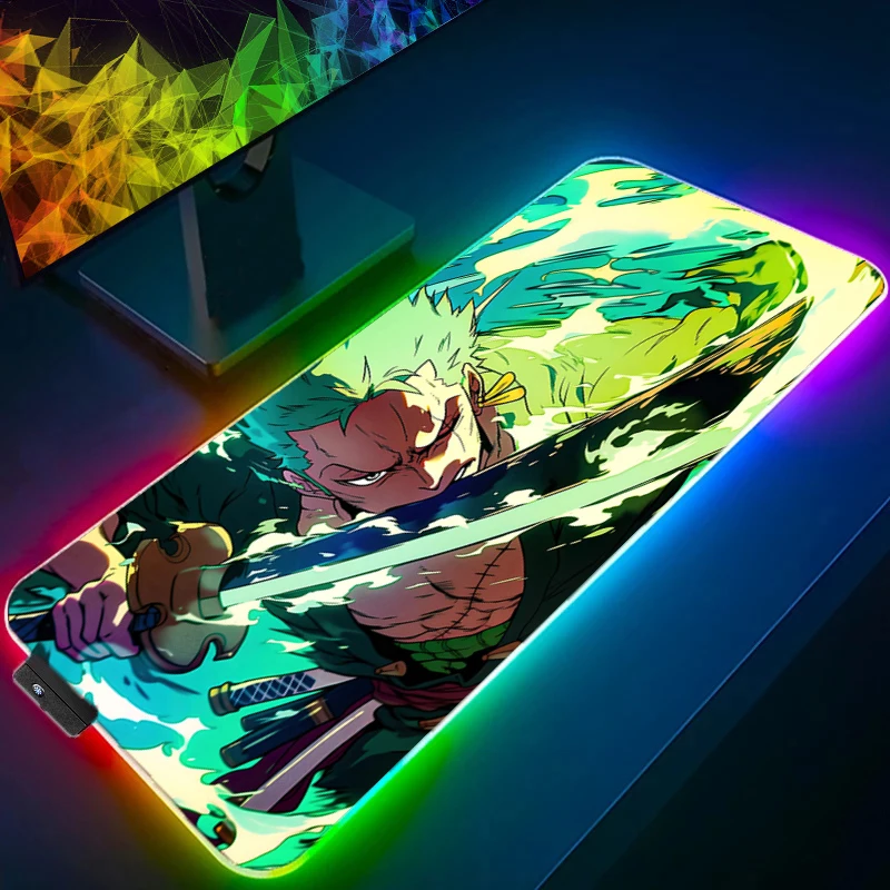 ONE PIECE Zoro Mouse Pad RGB Gaming Accessories Gabinete Gamer PC Computer Desk Mat Backlight Keyboard Tablet Anime Mousepad LED