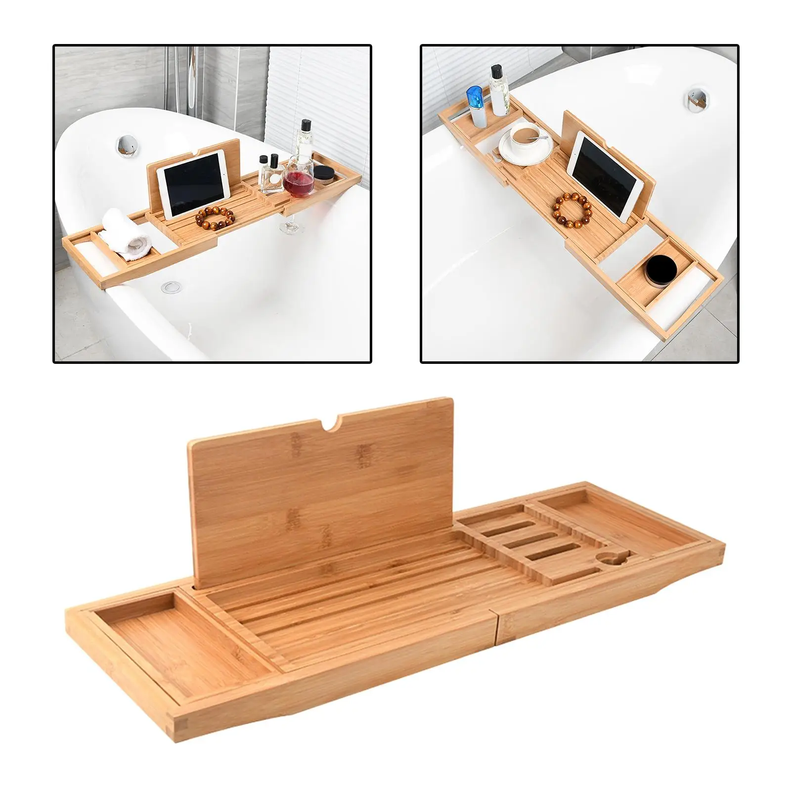 Expandable Luxury Wooden Bathtub Caddy Tray Bathtub Accessories 23.62\'\'-34.25\'\' Soap Dish Non Slip Tablet Holder Storage Holder