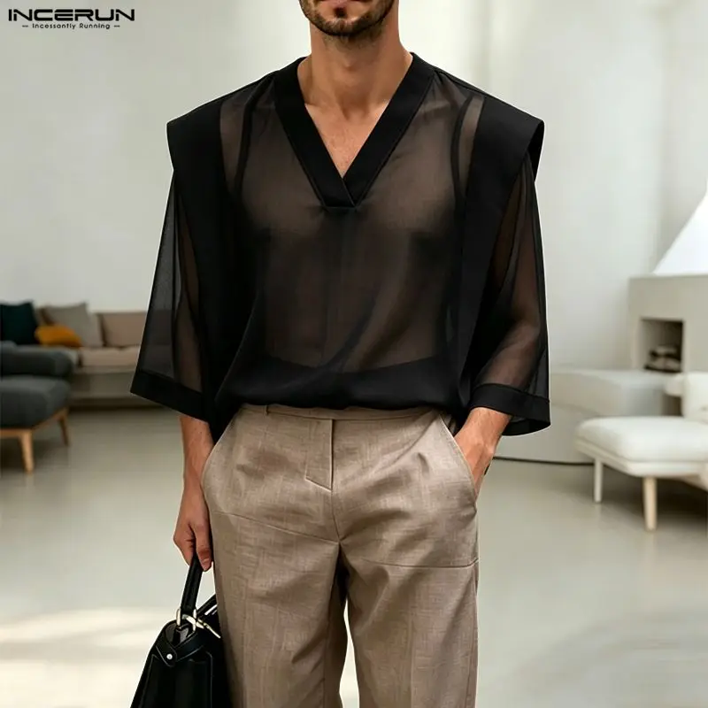 INCERUN Men's T Shirt Solid Color See Through V Neck Half Sleeve Tee Tops For Man Camisetas Streetwear Sexy Fashion Men Clothes