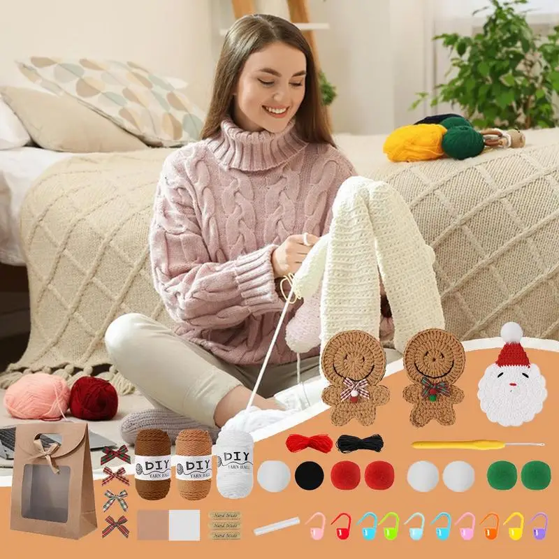 Christmas Crochet Kits Knitting Kits Yarn Set Santa Crochet Beginner Kits Gingerbread Man Knitting Crochet Kit Includes 3