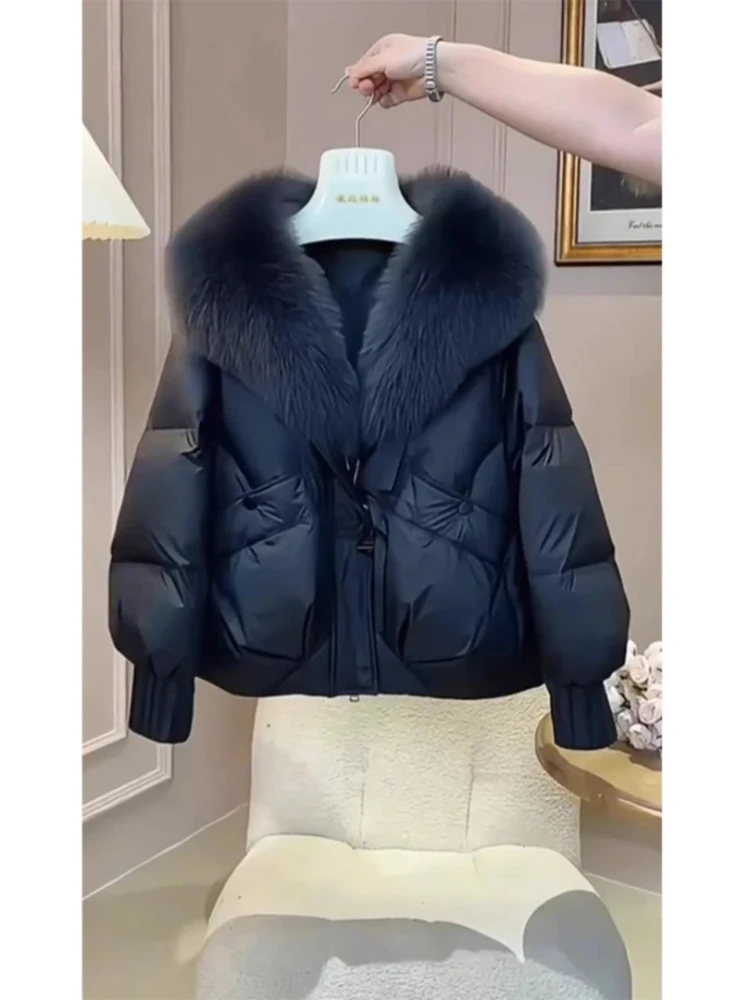 

Women's Bla Thiened Cotton Jaet Coat with Large Fur Collar Loose Bread Sle Winter Outerwear Korean Version Long Sve