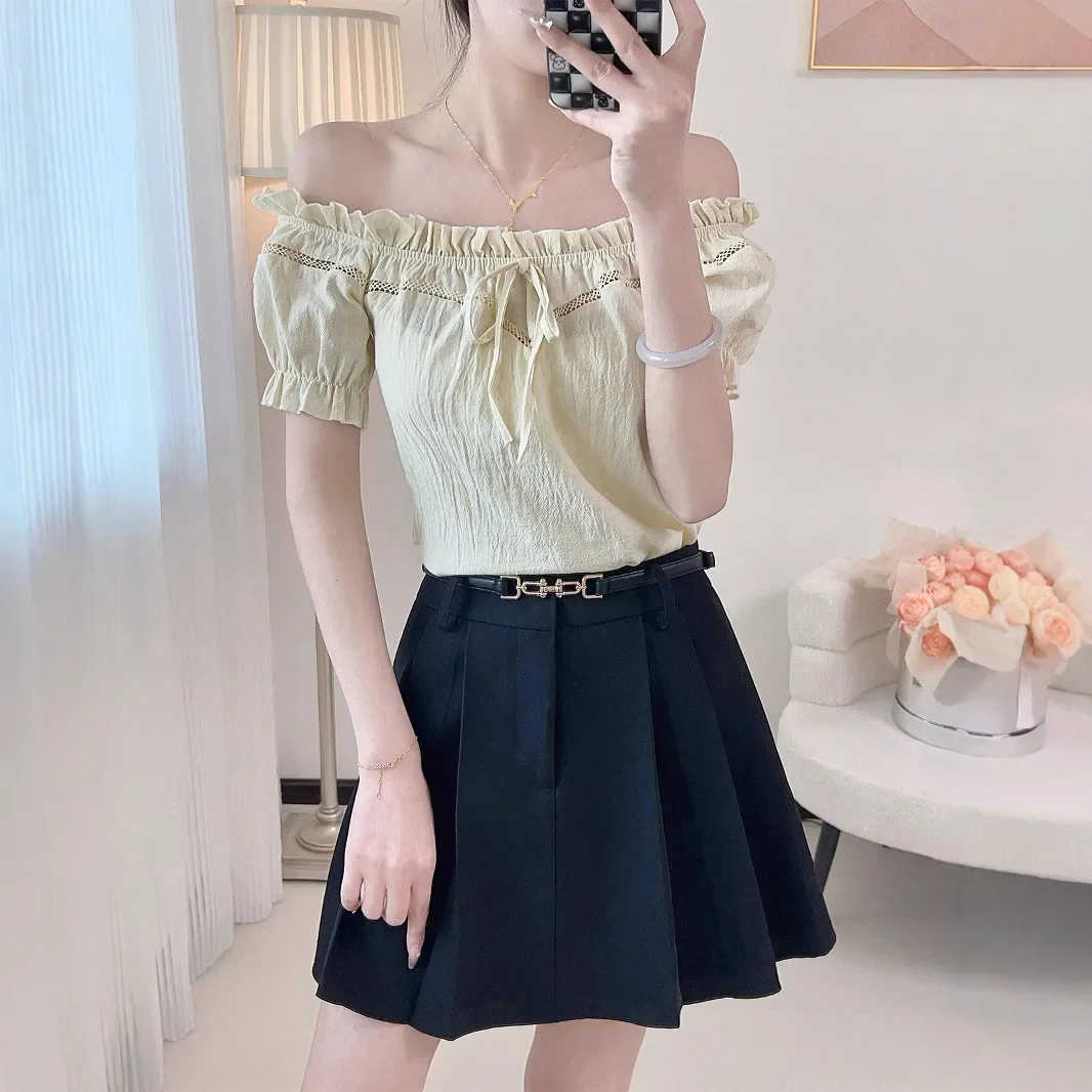 

2025 New Women's Solid Renaissance Blouse Off Shoulder Bubble Sleeve Sweet Lolita Shirt Kawaii Bowknot Tie Front Loose Fit Blusa