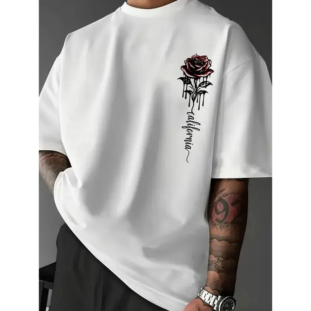 Men's Cotton Shortsleeve T-Shirt - Round Neck, Polyester Blend, Seamless, Comfortable Loose Fit, Rose Print, Quick-Drying Summer Casual Top, Smooth, Tshirt, Fabric, Graphic, Elastic, Menswear